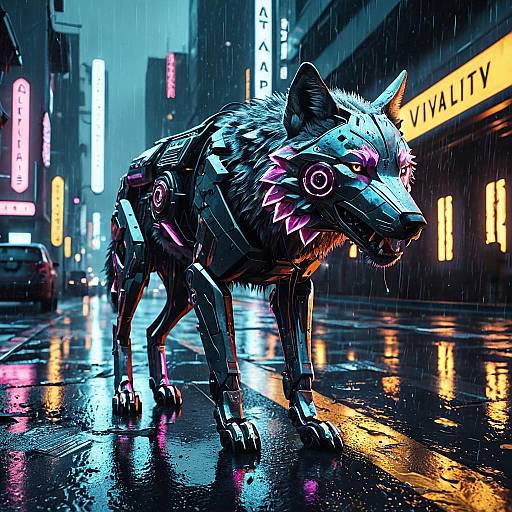 Cybernetic Wolf in Futuristic Rainy City