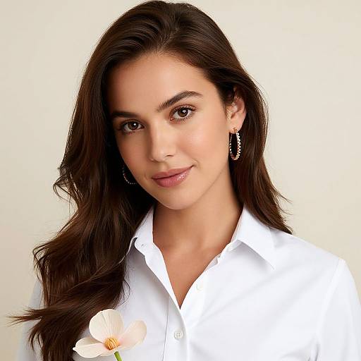 Photograph of a beautiful young woman with long, wavy dark brown hair, wearing a white button-up shirt, holding a white flower, and wearing