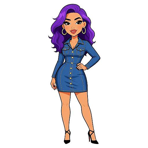 Cartoon-style illustration of a confident woman with purple hair, wearing a blue denim dress, large hoop earrings, black high heels, and standing with one