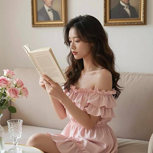 Elegant Woman Reading on a Couch