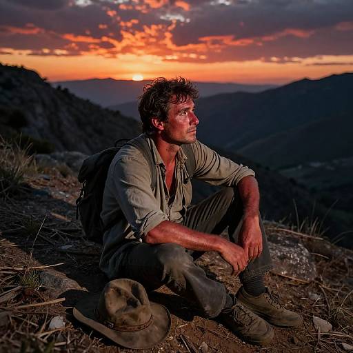 Photograph of a rugged, curly-haired man in a beige shirt and hiking boots, sitting on a mountain at sunset, with a hat beside him,