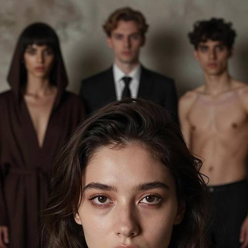 Intense Close-Up: Woman and Mysterious Figures