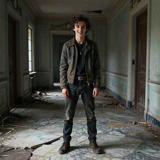 Photograph of a young man with curly hair, wearing a dark denim jacket, black shirt, and pants, standing in a dilapidated, sun