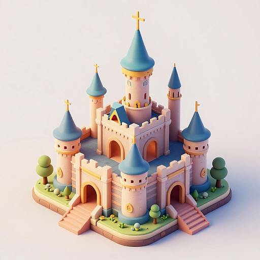 Colorful 3D CGI castle with blue turrets, pink walls, and green shrubbery, featuring arched entrances, staircases, and