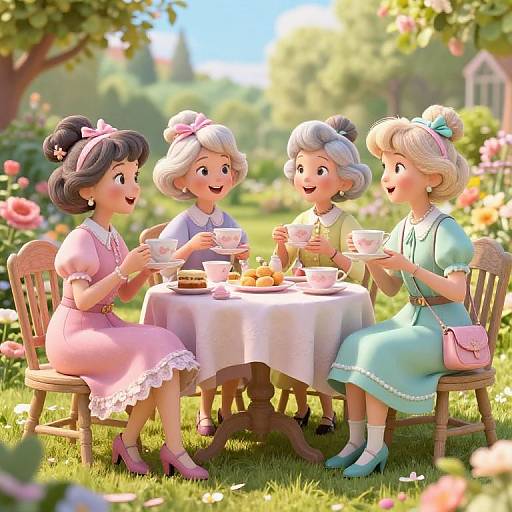 Digital illustration of four smiling, vintage-style women in pastel dresses, sitting around a flower-covered table in a sunny garden, enjoying tea and cake.