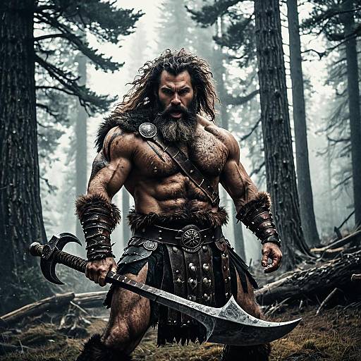 Barbarian Warrior with Two-Handed Axe in Foggy Forest