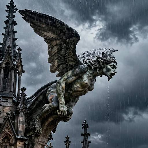 Photograph of a detailed, weathered gargoyle with wings, dripping water, against a stormy, cloudy sky, with gothic architecture in