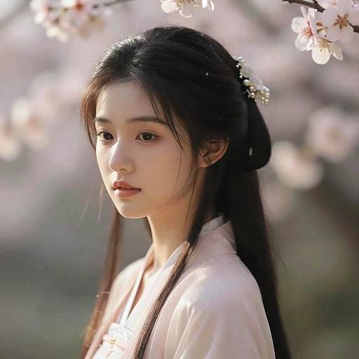 Ethereal Portrait of Asian Girl with Cherry Blossoms