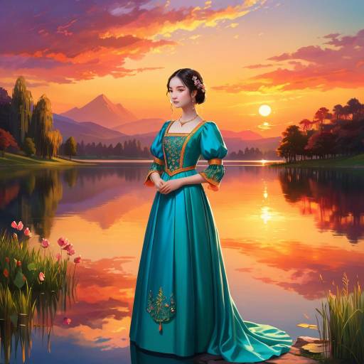 Elegant Girl in Sunset by Lake
