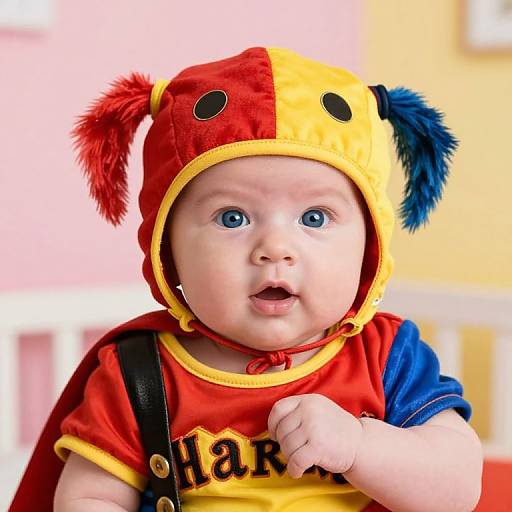 Photograph of a baby with blue eyes wearing a colorful superhero hat and red-yellow-blue shirt, looking surprised, with a blurred pink-yellow background.