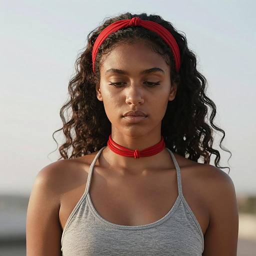 Portrait of Woman with Curly Hair and Red Accessories
