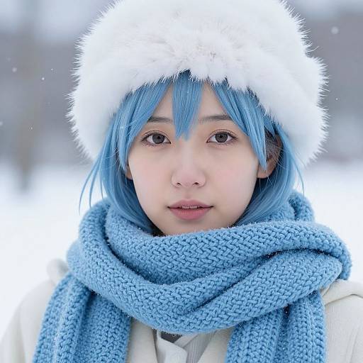 Photograph of a young person with blue hair, wearing a white fur hat and blue knitted scarf, against a snowy background.