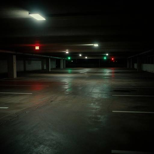 Photograph of a dimly lit, empty parking garage with wet, reflective concrete floor, illuminated by white, red, and green traffic lights.
