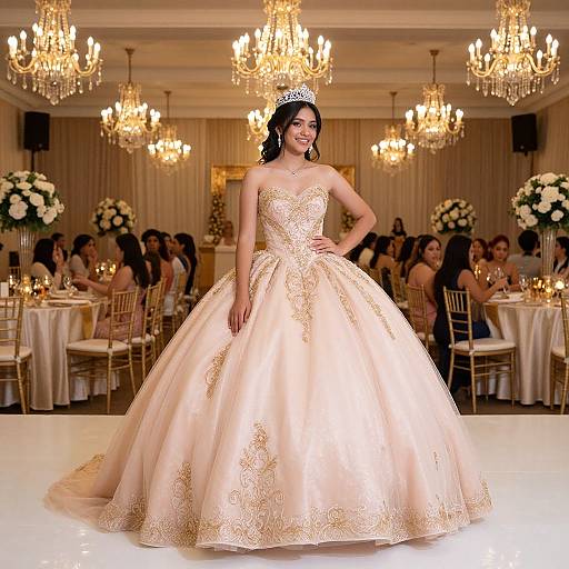Photograph of a smiling Asian bride in a strapless, ivory gown with gold embroidery, standing center-stage in a grand ballroom with chandeliers