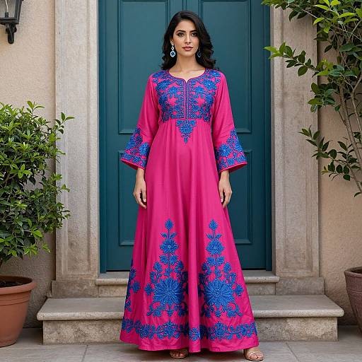 Photograph of a South Asian woman with wavy black hair, wearing a vibrant pink traditional kameez with blue floral embroidery, standing in front of