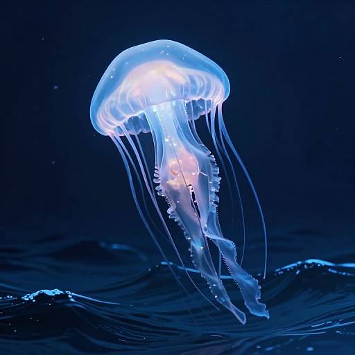 Photograph of a glowing blue jellyfish with translucent, frilled tentacles, illuminated against a dark blue underwater background, gently floating above rippling water