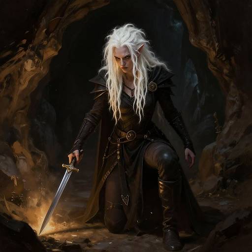 Drow Assassin in Torchlit Cavern
