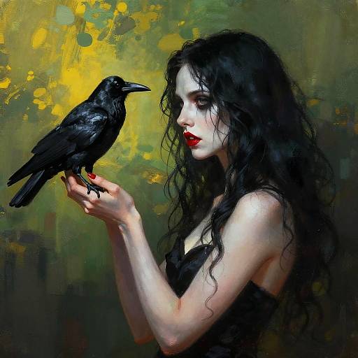 Digital painting of a pale, red-lipped woman with black curly hair, holding a black crow against a yellow-green abstract background.