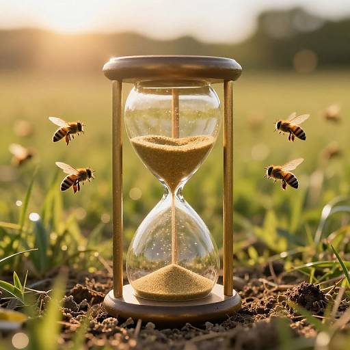 Photograph of a wooden hourglass on soil, with five bees hovering around it, set in a sunlit grassy field.