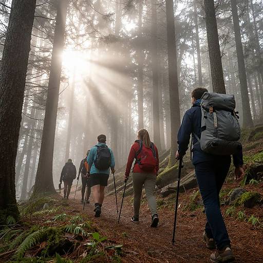 Photograph of four hikers with backpacks walking uphill through a misty, sunlit forest, using trekking poles, with sunlight streaming through tall