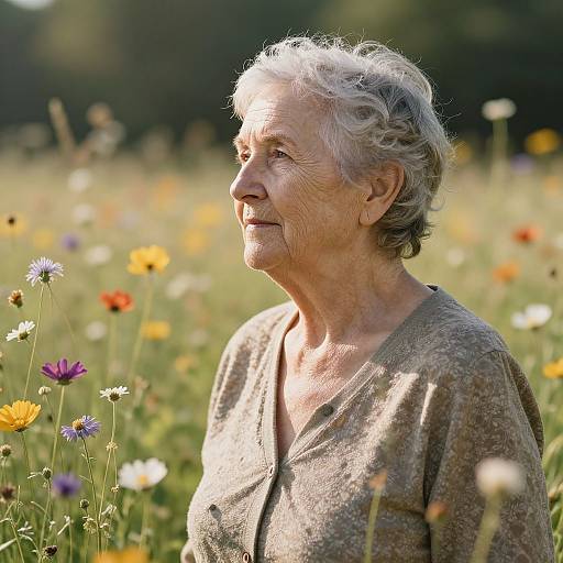 Photograph of an elderly woman with short, curly gray hair, wearing a beige cardigan, standing in a sunlit field of colorful wildflowers,