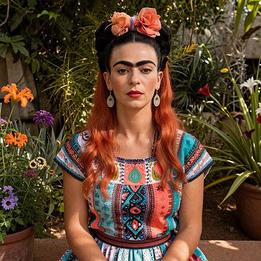 Photograph of a woman with red hair, wearing a colorful traditional Mexican dress, flower headpiece, and dangling earrings, standing in a vibrant garden with