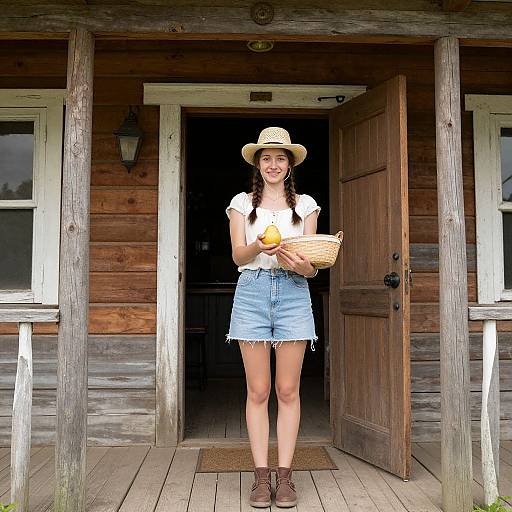 Photograph of a smiling young woman with braided hair, white shirt, denim shorts, brown boots, and straw hat, holding a basket, standing