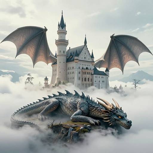 Digital artwork of a majestic dragon with large wings and sharp scales, lying on a mist-covered mountain, in front of a grand, castle-like tower with