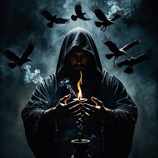 Shadow Sorcerer Ritual with Crows and Burning Incense