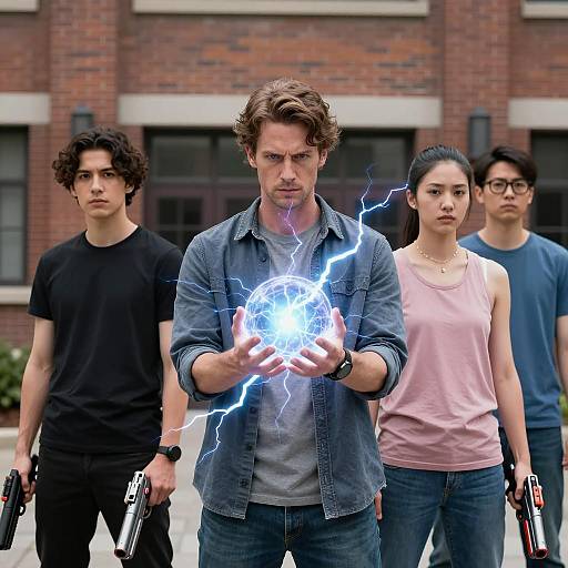 Group with glowing energy sphere and futuristic guns