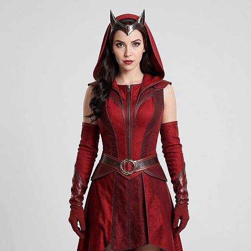Photograph of a woman in a red, hooded superhero costume with black devil horns, gloves, and belt, standing against a plain white background.