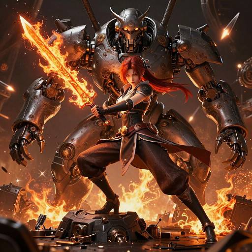 Digital artwork of a fiery battle: a red-haired warrior with a glowing sword stands defiantly against a towering, armored mech amidst blazing flames. Dynamic,