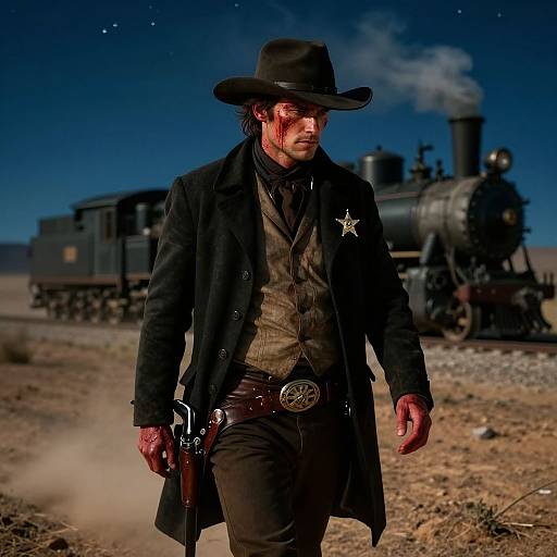 Photorealistic digital artwork of a bloodied, intense Western cowboy in black coat, hat, and star badge, walking towards a steam train under a