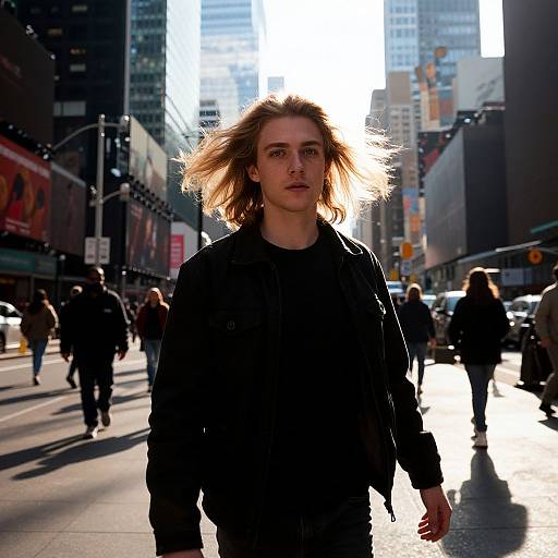 Photograph of a young woman with long blonde hair, wearing a black jacket, walking confidently on a sunlit city street with tall skyscrapers and