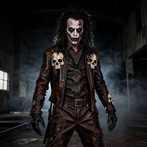 Photograph of a dark, menacing figure with pale face paint, black hair, skull-adorned leather jacket, standing in a foggy, dim