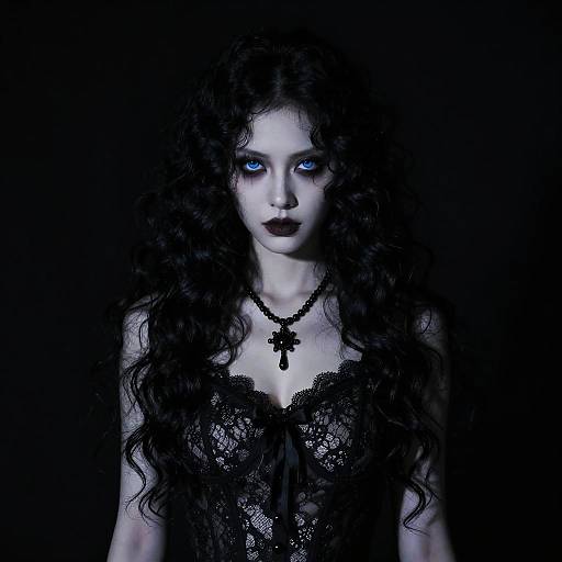 Gothic-style photograph of a pale woman with long, curly black hair, blue glowing eyes, dark lipstick, lace dress, and black cross necklace