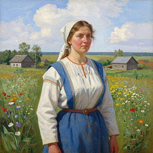 Realistic painting of a young Caucasian woman with fair skin, brown hair, wearing a white headscarf, blue dress, and white blouse, standing