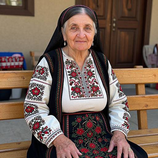 Photograph of an elderly Eastern European woman with dark hair, white blouse, and black floral dress, sitting on a wooden bench, smiling. Background includes