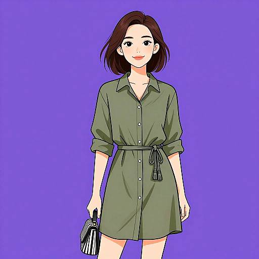 Digital anime-style drawing of a smiling woman with short brown hair, wearing an olive green dress with a belt, holding a striped bag, against a solid