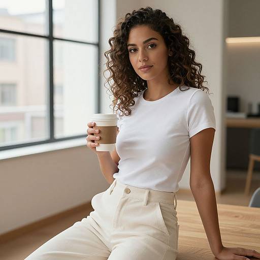 Photograph of a curly-haired woman with medium brown skin, wearing a white t-shirt and white high-waisted pants, holding a coffee cup,