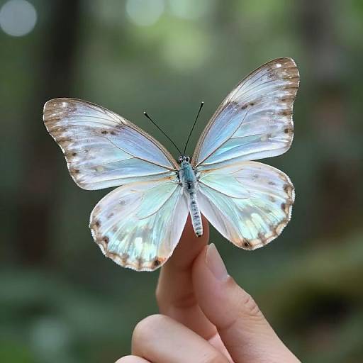 Photograph of a delicate white butterfly with brown-tipped wings, held gently by a human finger against a blurred green background.