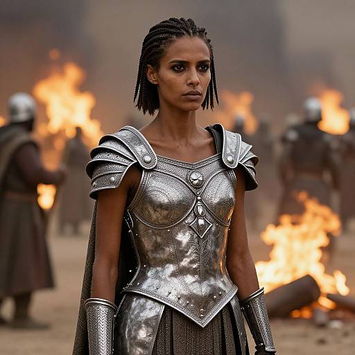 Photograph of a dark-skinned woman with braided hair, wearing shiny silver medieval armor, standing amidst a battlefield with burning fires and armored soldiers in