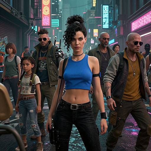 Digital CGI image of a cyberpunk street scene with a curly-haired woman in a blue crop top and black jeans, surrounded by tattooed, edgy