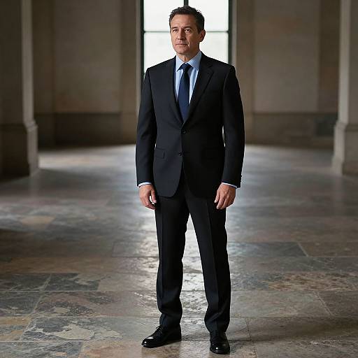 Photograph of a serious, dark-haired man in a black suit with a blue tie, standing in a dimly lit, stone-floored hall