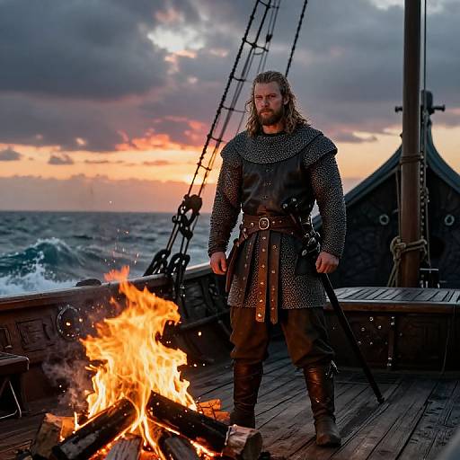 Viking Warrior by Bonfire on Ship Deck