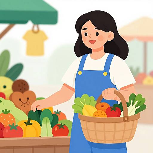 Cartoon-style illustration of a smiling woman with black hair, wearing a white shirt and blue overalls, holding a basket of fresh vegetables at a colorful