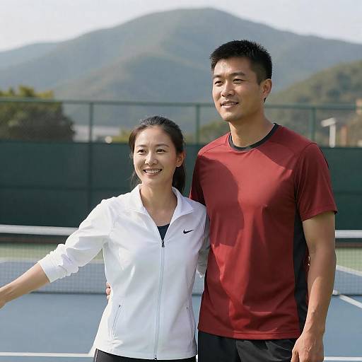 Smiling Asian Couple on Tennis Court