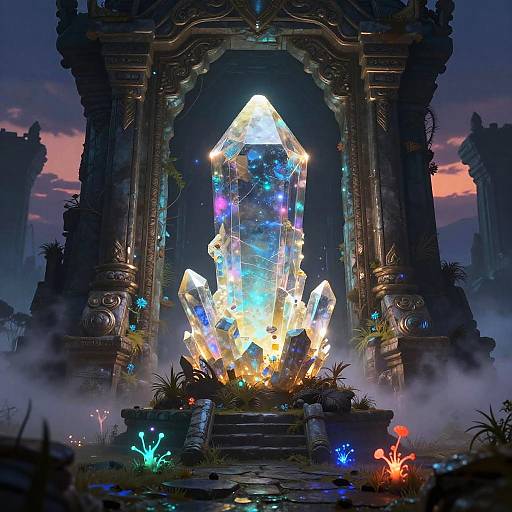Photorealistic digital art: Glowing, multi-colored crystal pyramid at the center of an ancient, ornate temple with misty foreground and twilight sky