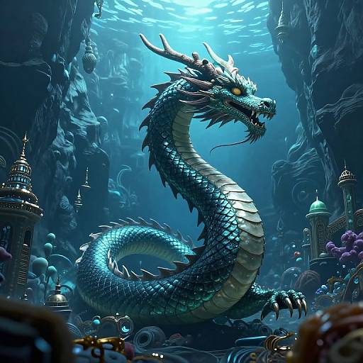 Digital fantasy artwork of a majestic, blue-scaled dragon with sharp horns and glowing eyes, swimming through a mystical underwater cityscape with glowing towers and coral