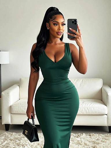 Photograph of an attractive Black woman with long black hair in a green, form-fitting, deep V-neck dress, taking a mirror selfie in a